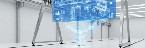 Schematische Darstellung eines Halbportalkrans zur Veranschaulichung der einseitigen Schienenführung an der Hallenwand und der Bodenstütze